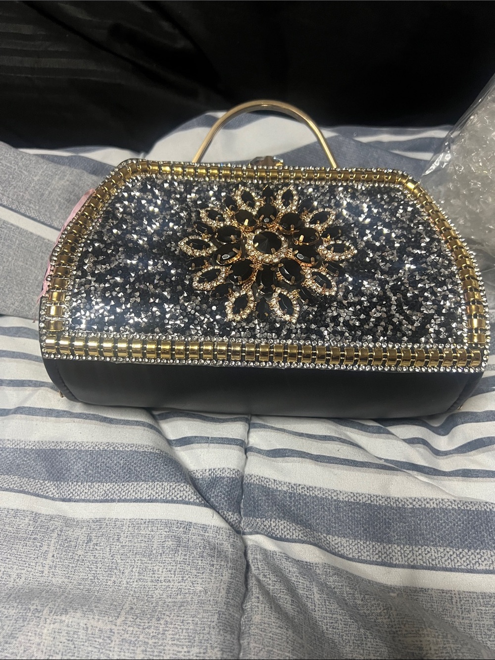 Source Unknown Black Sequin Clutch with Gold Floral Accent